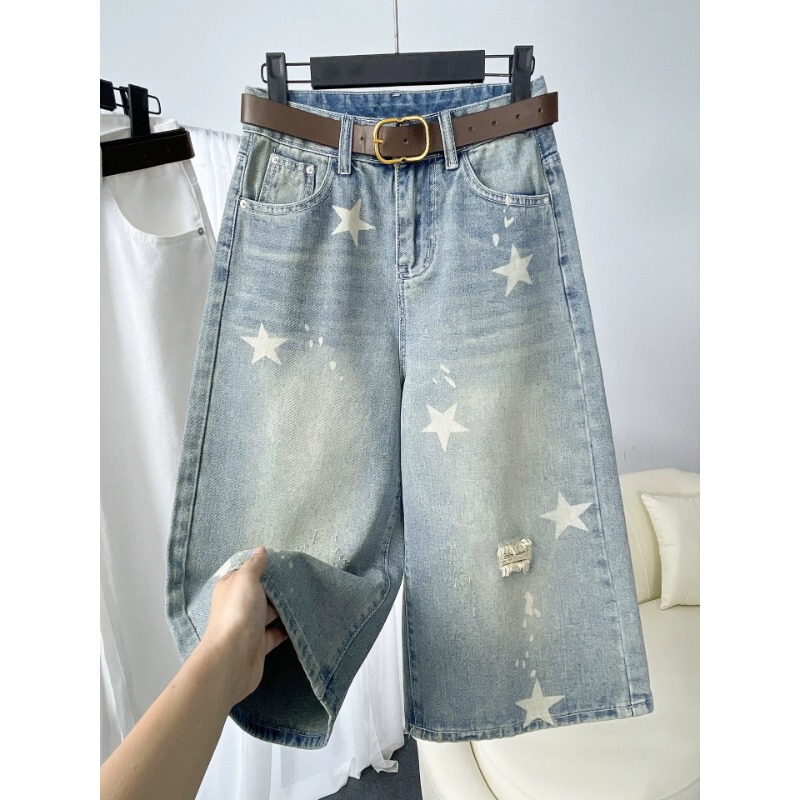 Ripped Star Denim Cropped Pants for Women, New Autumn/Winter Plus Size Loose Slimming Wide-Leg Pants for Pear-Shaped Body Ripped Star Denim Cropped Pants for Women, New Autumn/Winter Plus Size Loose Slimming Wide-Leg Pants for Pear-Shaped Body