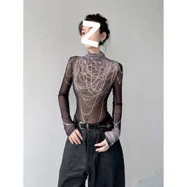 乐迪莎三维立体感珍珠印花长袖T恤女春季修身网纱半高领打底上衣