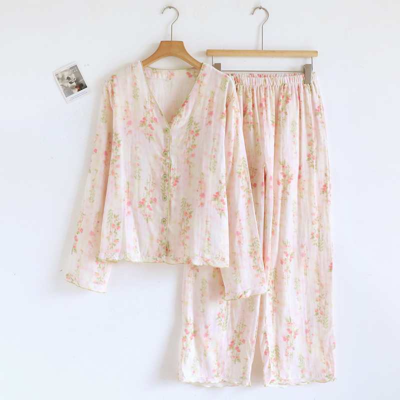 Casual V Neck Pajamas for Women, Spring & Fall Thin Home Clothes, Long-Sleeved Pants, Simple and Comfortable, Can Be Worn Outside
