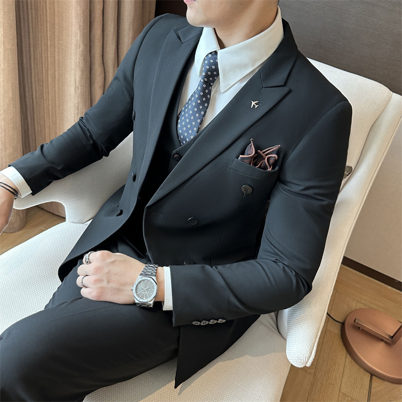 Suit Set, Formal Wear, Men's Business Attire, High-End Black Double-Breasted Wedding Groomsmen Suit Set, New Style