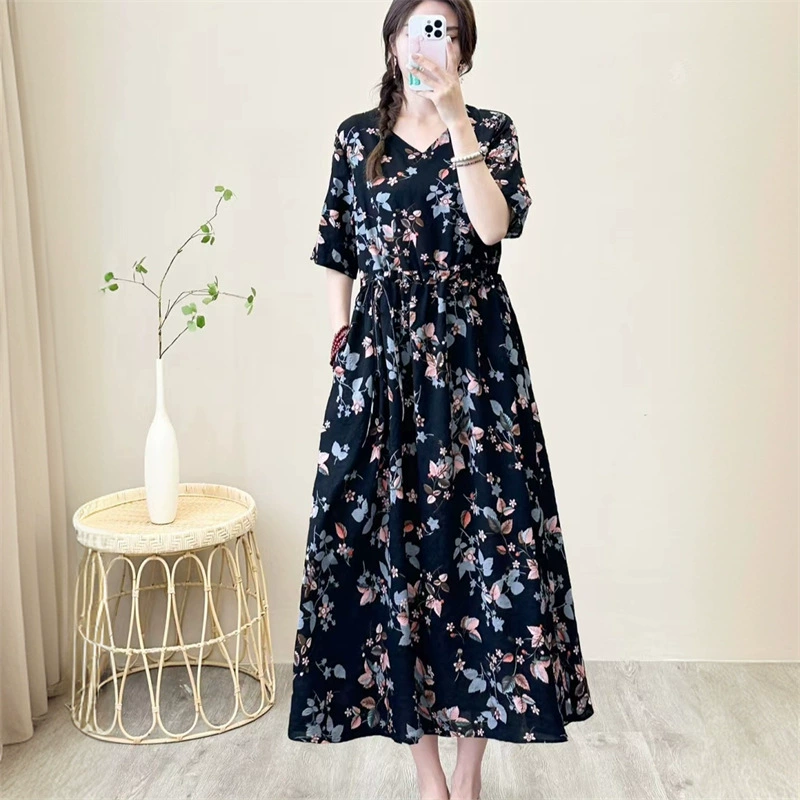 2025 новое платье с длинными рукавами, модное новое платье с цветочным принтом, большой размер, юбка средней длины, закрывающая живот, для похудения