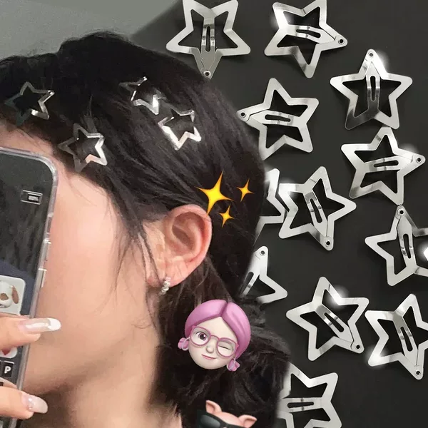 Cross-Border Popular Nickel-Plated Silver Five-Pointed Star Hair Clip, Star Hair Clip, Silver Y2K Side Bangs Clip Hair Accessory Set