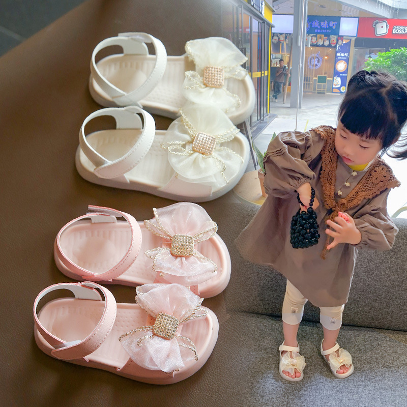 女童露趾凉鞋2021夏季新款网纱水钻蝴蝶结软底小女孩时尚公主鞋韩