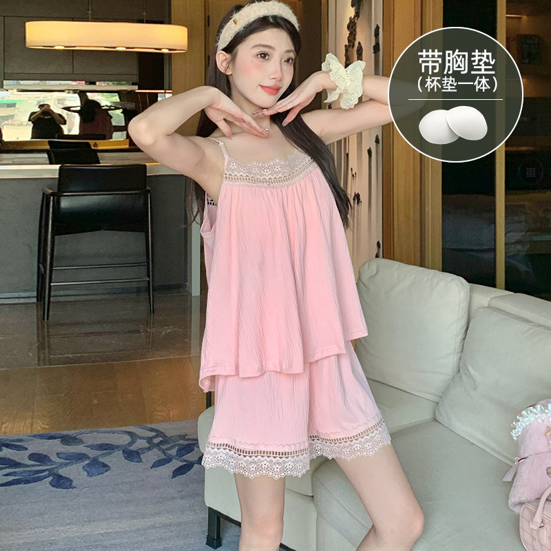 しわの布のしわの綿の胸のパッドのストラップのショートパンツのスーツの夏のパジャマの女性の部屋の服のその他の徳の絨毛の漫画|undefined