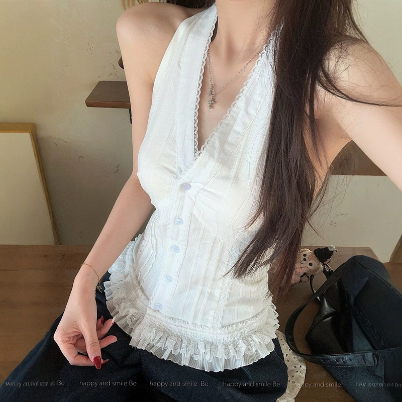 [Official Image, Original Fabric] Stylish V-Neck Lace Patchwork Women's Summer Waist-Cinching Ruffled Backless Sleeveless Top