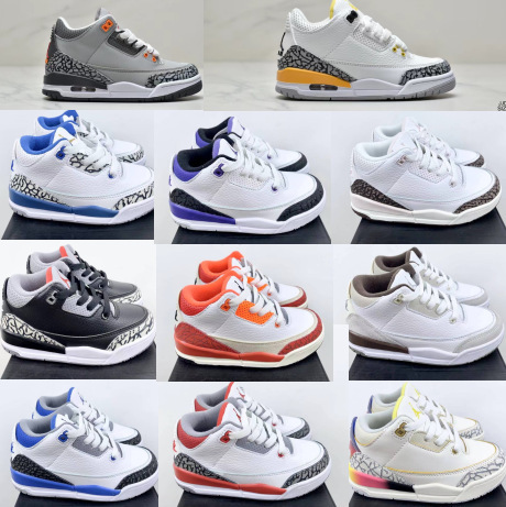 Aj3 White Cement Kids' Shoes Jordan 3 White and Red Children's Shoes Black Cement Toddler Basketball Shoes White and Blue Leather Sports Shoes