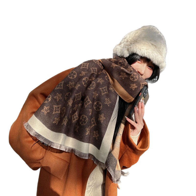 スカーフ女性の秋と冬の新しい模造カシミヤ両面ジャカード暖かいショール厚みのある五葉の花のスカーフハイエンドのファッション|undefined