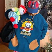 日系古着感加绒加厚摇粒绒连帽撞色卫衣重工毛巾绣外套大衣秋冬女