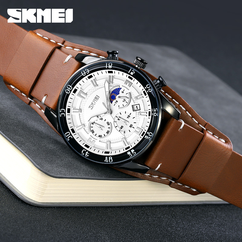 Momento de belleza para hombres cronógrafo multifuncional reloj de cuarzo muestra fase lunar impermeable reloj de pulsera de correa marrón retro reloj de hombre transfronterizo