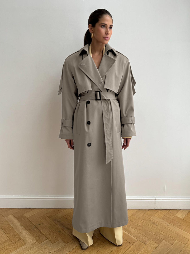 Áo khoác trench coat nữ dáng dài phong cách Âu Mỹ, chất liệu cotton, form rộng có dây thắt eo — Màu kaki, màu xám