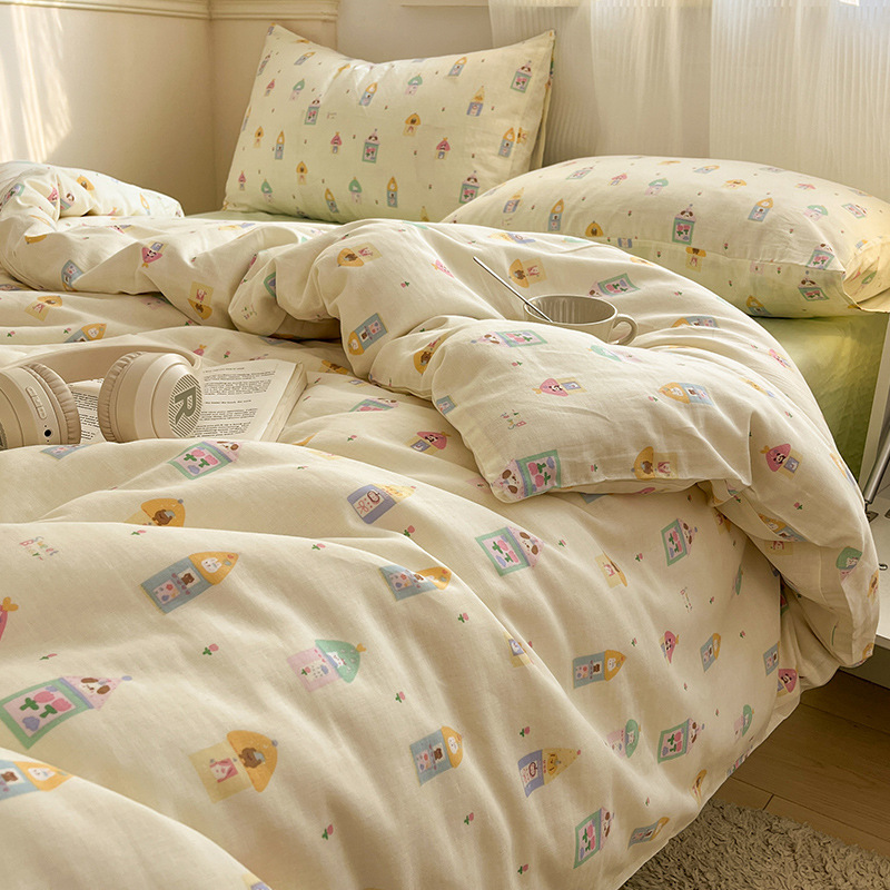 Cama de algodón de hilo de doble capa de cuatro piezas 100 algodón 2025 nuevo estilo funda de edredón sábana ropa de cama individual de tres piezas