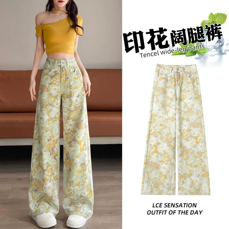 Желтые прямые джинсы с цветочным принтом для женщин, летний тонкий стиль, новые утягивающие широкие свободные брюки для женщин 2025 года.