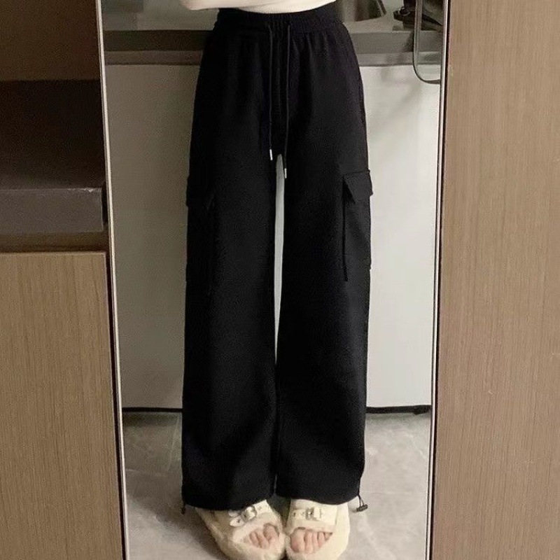 Pantalones cargo casuales de cintura alta para mujer, nuevo estilo de otoño, estilo retro americano, largos hasta el suelo, pantalones anchos de pierna recta que estilizan.
