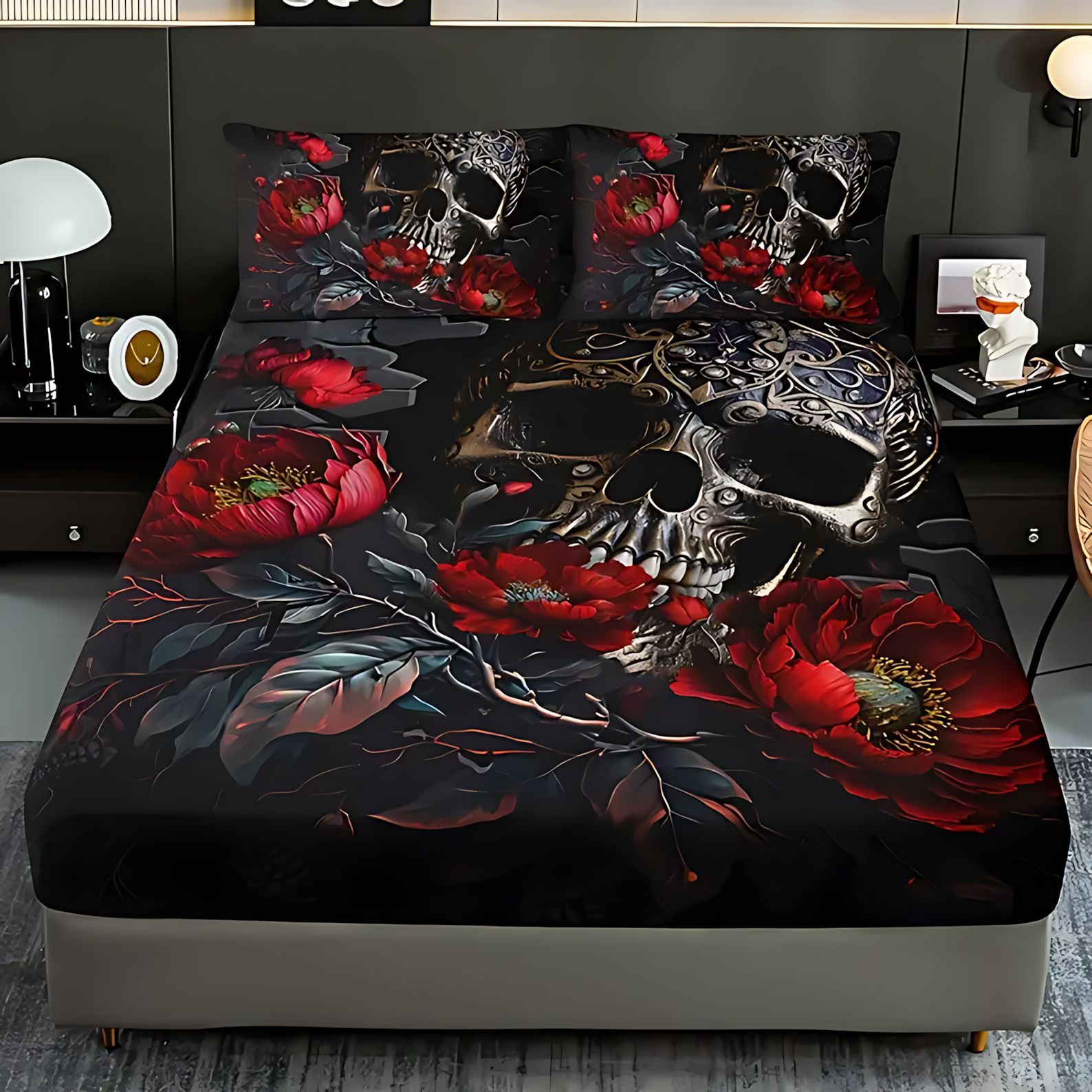 TEMU / JIT serie de esqueleto oscuro impresión digital de alta definición cama molida cama caseta colchón conjunto de ropa de cama