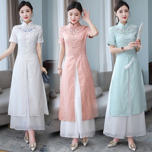 2025 Summer New Improved Cheongsam Dress Women's Chinese Style Cotton and Linen Jacquard Zen Tea Suit