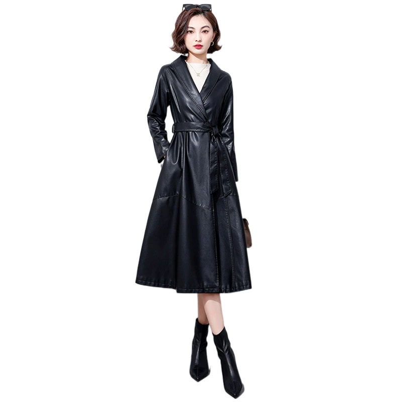 Long matte fitted trench coat, genuine leather, maxi length