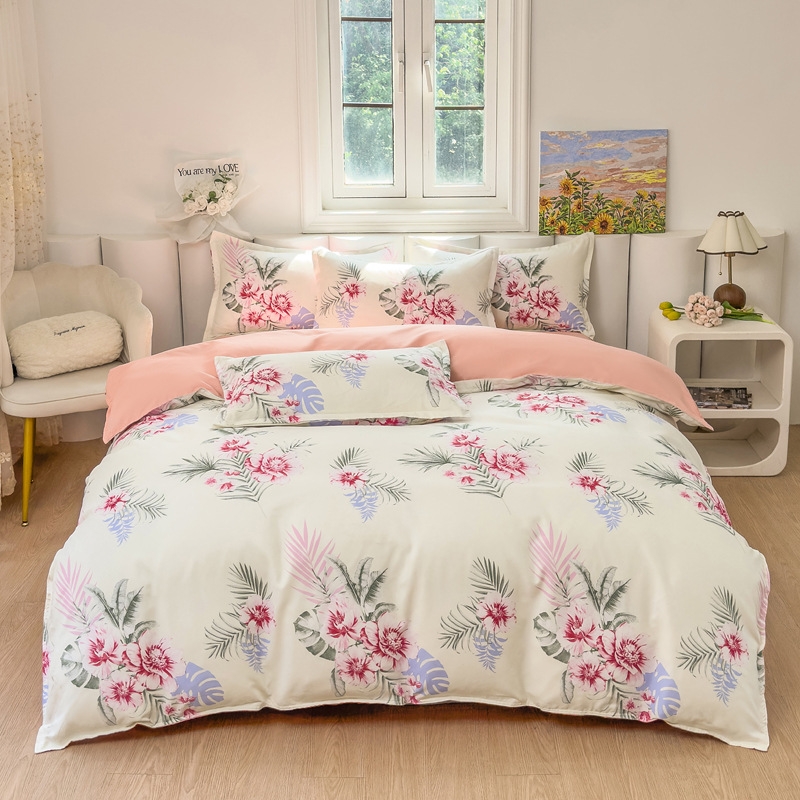 Cross-Border Foreign Trade E-Commerce Plant Cashmere Print Three or Four Piece Set Brushed Bed Sheets Quilt Cover Pillowcase Direct Sales and Wholesale