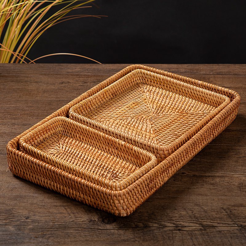 Selección estricta de viento pastoral cuadrado tela de caña bandeja de caña artesanal canasta de caña exhibición de supermercado de comercio exterior canasta de almacenamiento multifuncional