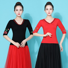 New Square Dance Clothing Modal Dance Dress with Embroidery Short Sleeve Dancing Top for Middle-Aged Adults Black Dance Wear