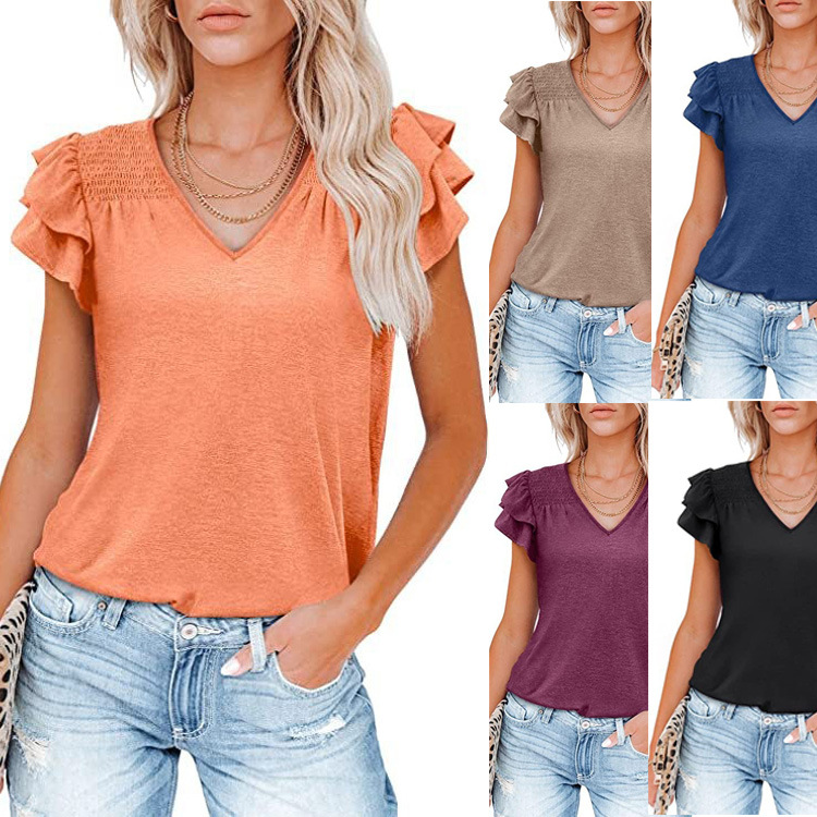 2024 Amazon popular verano de las mujeres Top color sólido cuello en V plisado manga corta casual camiseta suelta image 1