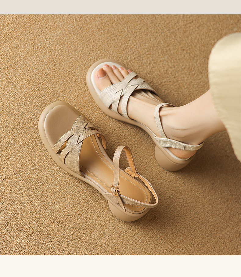 Sandal nữ quai ngang hở mũi da cừu đế dày gót thô 7 cm — Màu trắng be chi tiết 2