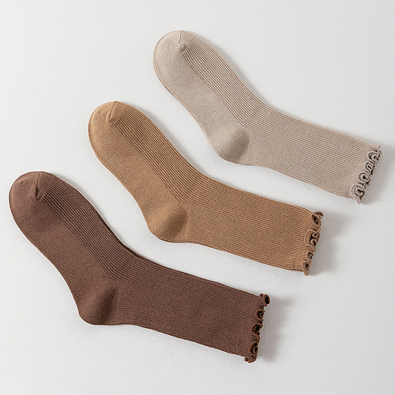Damen Crew Socken Mit Wellensaum Für Herbst Und Winter Einfarbig_voghion.com