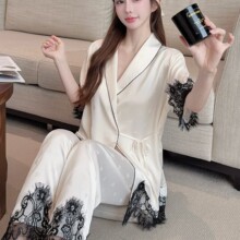 女款睡衣高级感短袖长裤开衫轻奢薄款夏季休闲爱心提花家居服套装