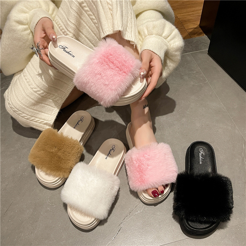2025 New Foreign Trade Furry Slippers for Women, Fashionable and Warm, Large Fur Waterproof Platform Platform Slippers, Cross-Border