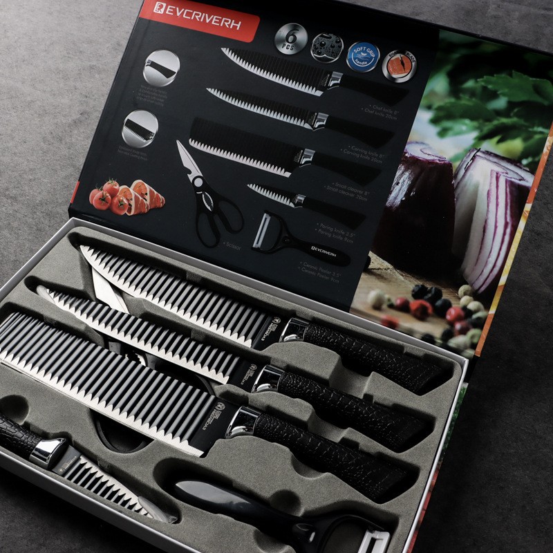 Onda negra 238A cuchillos de seis piezas ondulados caja de regalo cuchillos de cocina de acero inoxidable conjunto de cuchillos al por mayor