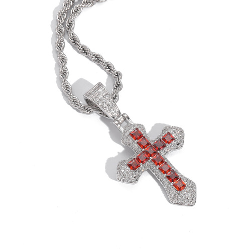 Blue Zirconium Cross Necklace Hip-Hop Fashion Heavy Work Diamond-Embedded Simple Clavicle Chain Unisex Pendant