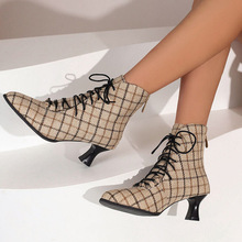 格子布尖头系带中跟大码高帮女鞋外贸短筒女靴34-48