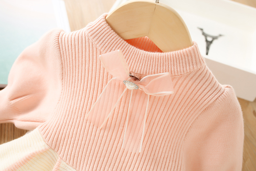 Robe pull pour filles, manches bulles, nœud papillon, édition coréenne, jupe tricotée, nouvelle collection hiver 2022_voghion.com