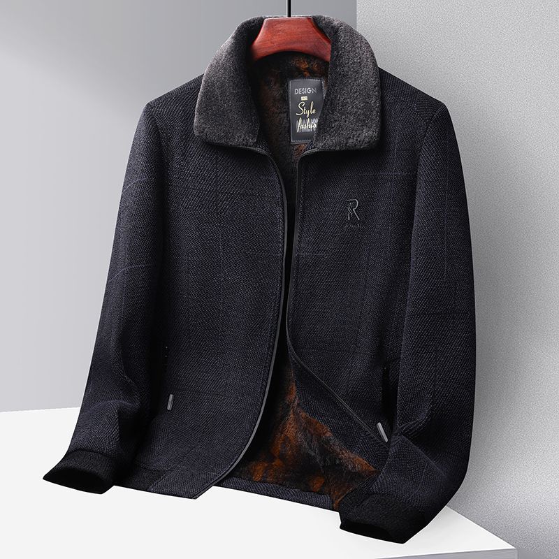 爸爸雪尼尔外套男秋冬款加绒加厚中老年毛呢保暖夹克中年男士冬装