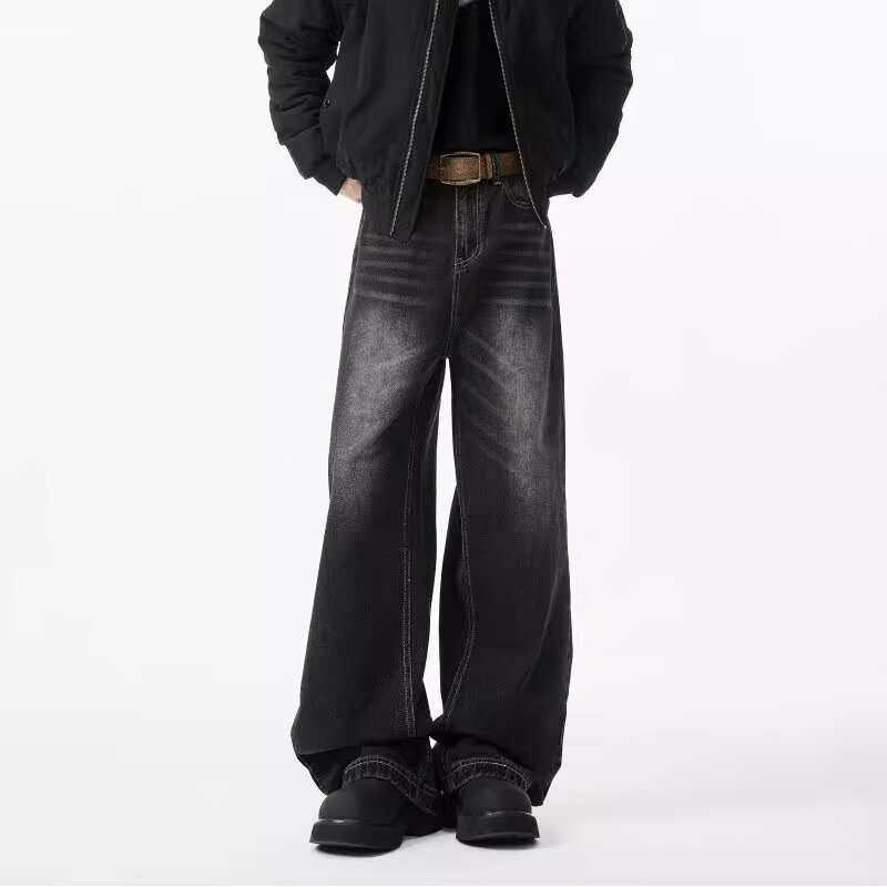 Men's Vintage Washed Denim Jeans Slightly Flared Wide-Leg Cat Whisker Detailing High-Street Style Cleanfit Black Blue (S-3XL)_mkmklike.com