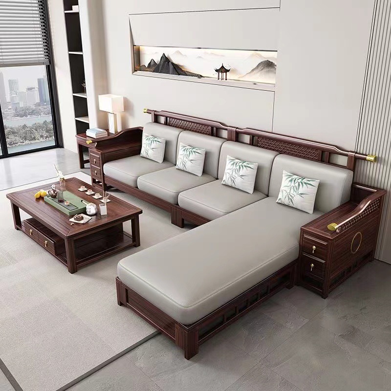 New Chinese Style Ebony Solid Wood Sofa Large and Small Apartment Combination Living Room Home Modern Winter and Summer Dual-Use Corner Sofa