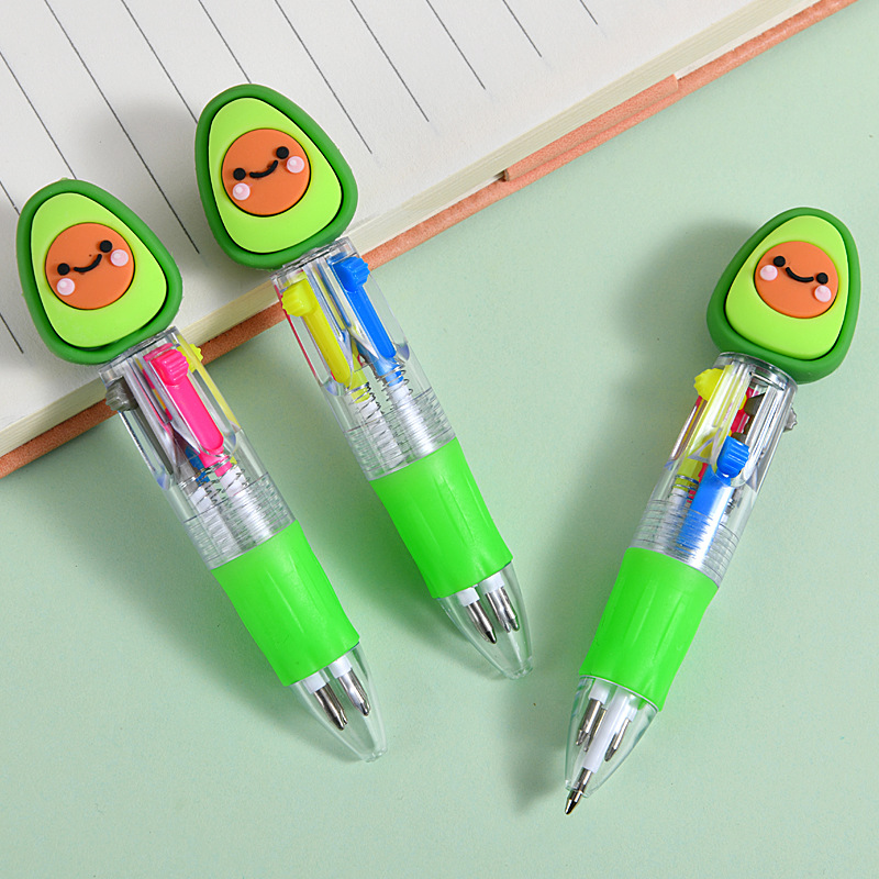 Caricatura de aguacate encantadora mini bolígrafo de cuatro colores todo en uno bolígrafo de cuentas de mano de color para estudiantes premios papelería al por mayor