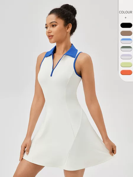 European and American Lapel One-Piece Tennis Skirt for Women Quick-Drying Breathable Waist Contrast Sports Casual Fitness Dress 42157