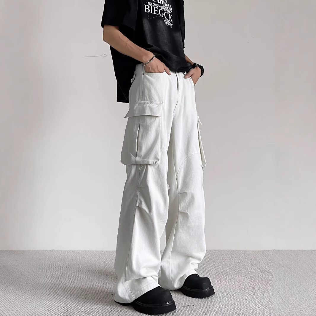 American white overalls boys straight vibe fashion brand multi-pocket casual pants design sense niche wide leg pants