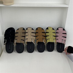 277-1~包頭半拖鞋女外穿2024年新款平底復古真皮編織懶人穆勒鞋