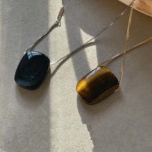 美拉德方形天然虎眼石银曜石吊坠项链女小众高级感轻奢气质毛衣链