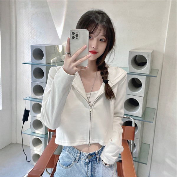2025 Spring and Autumn Short Sweatshirt Women's Thin Loose Korean Style Student Hooded Cardigan Zipper Top Jacket Wholesale