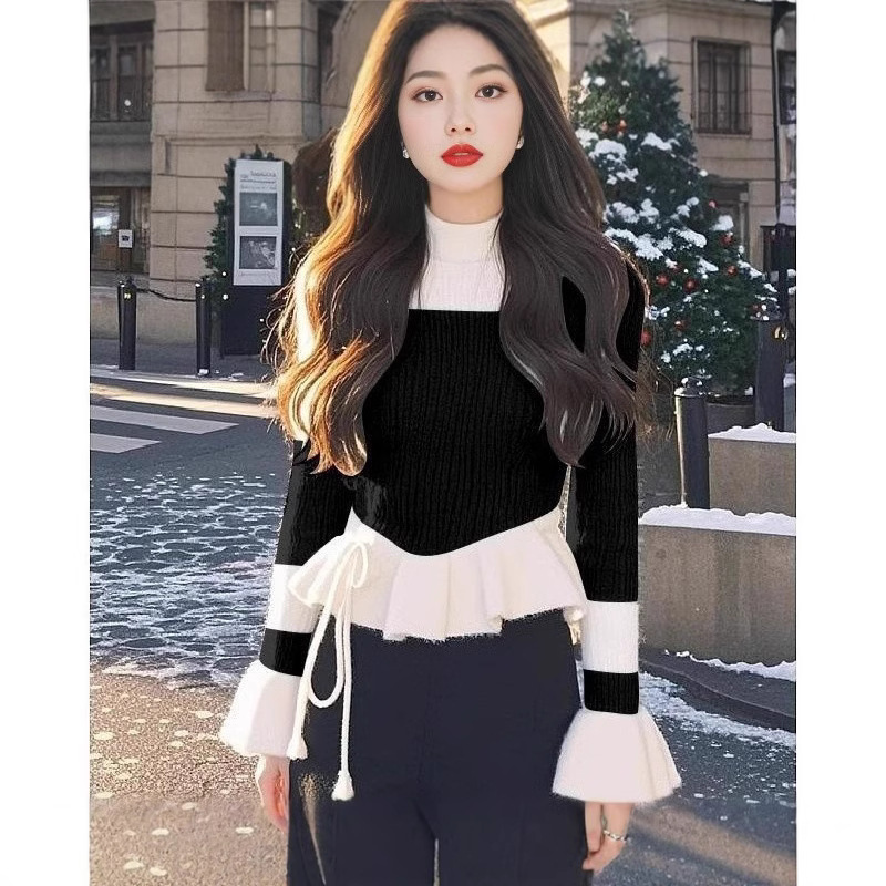 French Winter High-end Design Sense Knitted Top Stitching Super Good-looking Slim Elegant Gentle Style Elegant Sweater