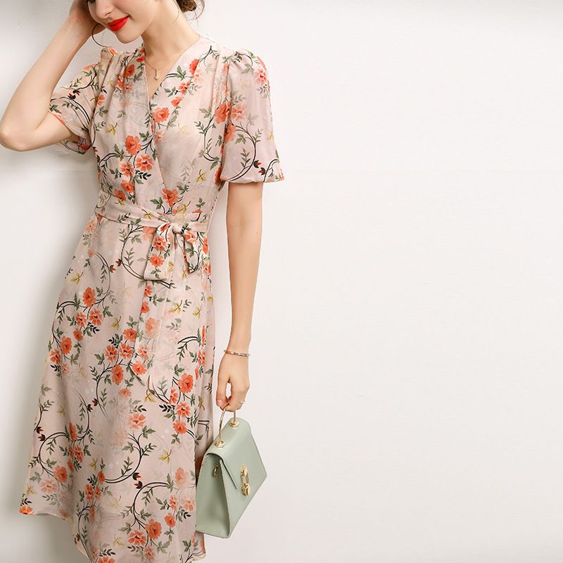 Silk Dress 2026 Summer New Style French V-Neck Tie Elegant Waist-Cinching Fairy-Like Printed Mulberry Silk A-Line Dress