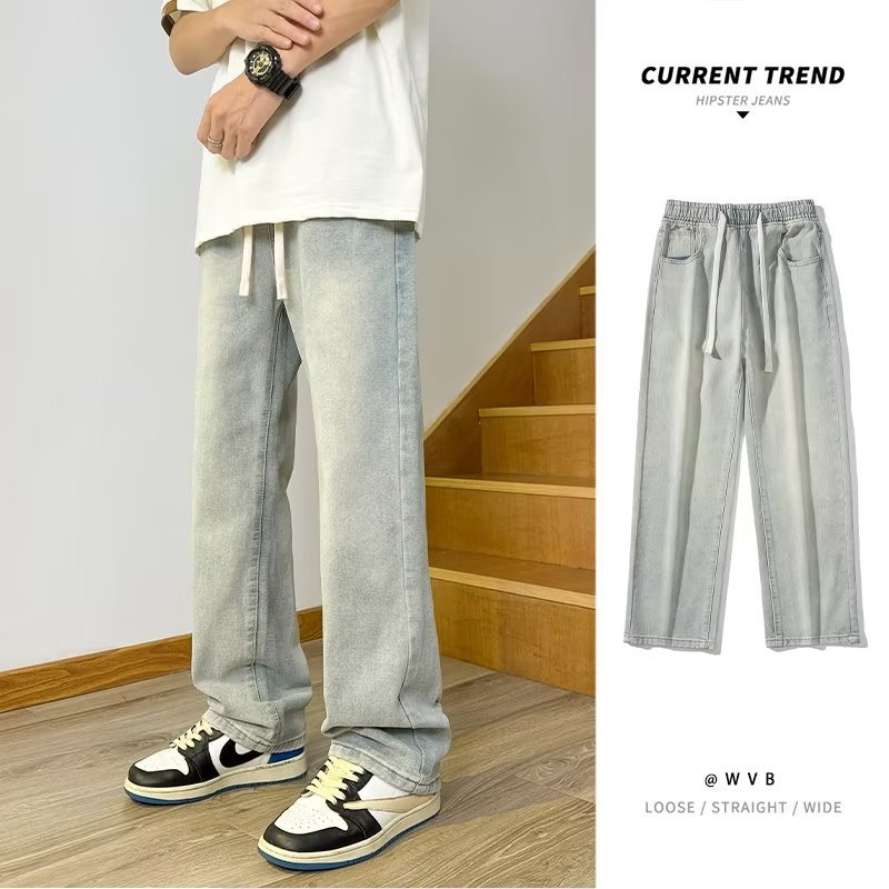 Vaqueros americanos, pantalones teñidos de barro amarillo de seda de hielo viejos lavados de verano para hombres, pantalones rectos sueltos de la marca de moda de la calle principal