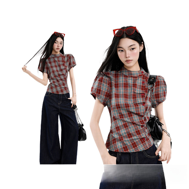 American retro plaid slim-fit short-sleeve t-shirt for women, summer hot girl waist-cinching puff sleeve top shirt