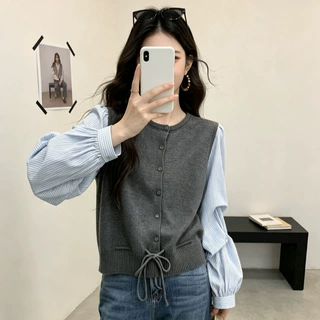 韩系假两件针织上衣女早秋新款条纹拼接抽绳显瘦宽松短款毛衣开衫