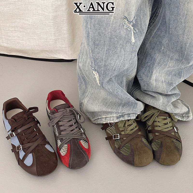 Leather women's shoes that make feet look smaller, color-blocked retro ballet-style German training shoes, versatile, comfortable casual sneakers, Forrest Gump shoes Leather women's shoes that make feet look smaller, color-blocked retro ballet-style German training shoes, versatile, comfortable casual sneakers, Forrest Gump shoes