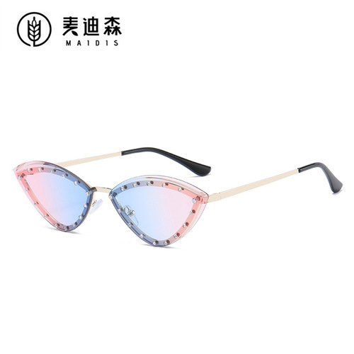 Jet 3561 European and American trendy cat-eye diamond-encrusted sunglasses, personalized colorful ocean patch diamond rimless sunglasses
