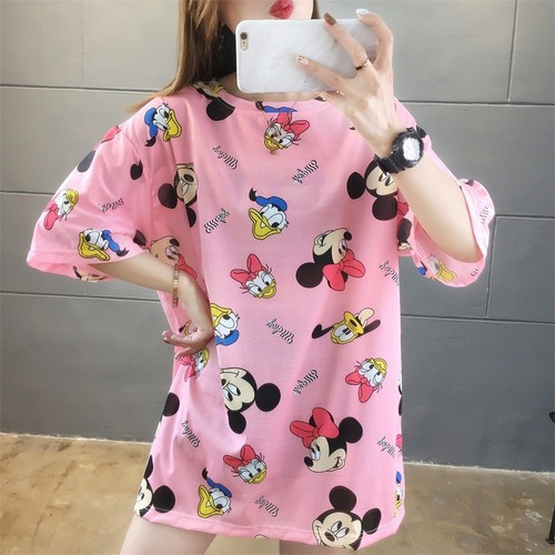 103# Super Hot Instagram Spring and Summer Korean Style Casual Versatile Cartoon Mickey Loose Medium-Long Sleeve T-Shirt Top