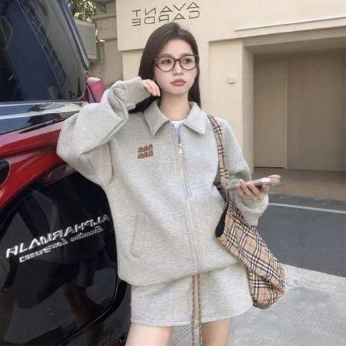 Women's Casual Two-Piece Set: Jacket + Skirt with American Letter Crew Neck Sweatshirt and Elastic Waist Skirt